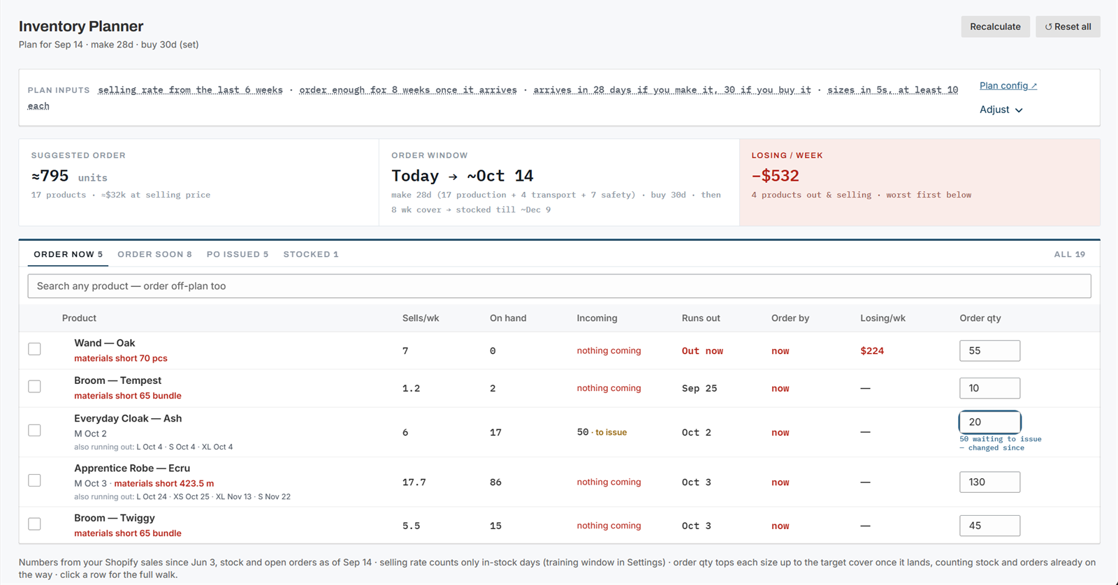 The Inventory Planner: plan inputs as a sentence, three headline numbers, and the Order now tab with one row per product