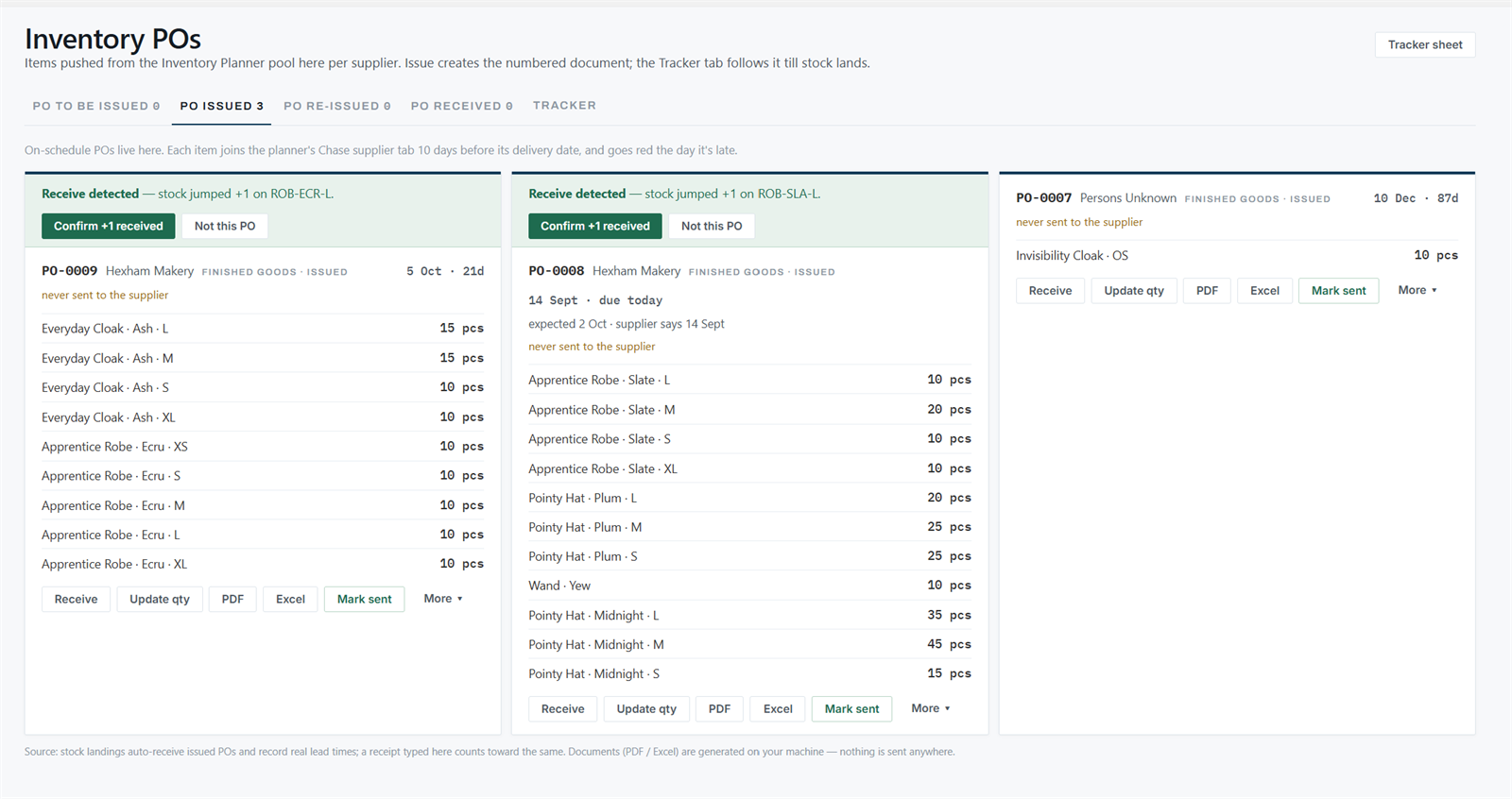 Inventory POs, the PO issued tab: three order cards with receive, update quantity, PDF, Excel and mark sent, two of them with a receive-detected banner
