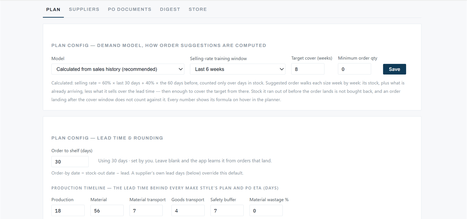 Settings, the Plan tab: demand model, training window, target cover, minimum order, order-to-shelf days, the production timeline and rounding